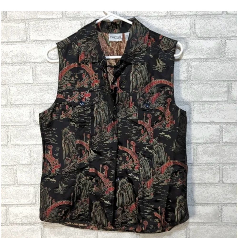 Chico's Silk Blend Black Red Asian Inspired Button Up Vest